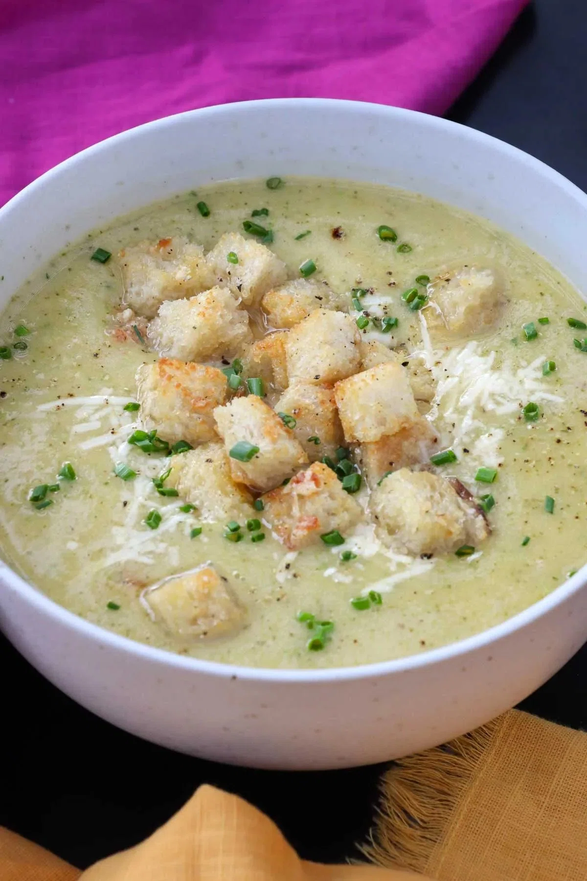 Creamy Zucchini Soup with Parmesan Croutons