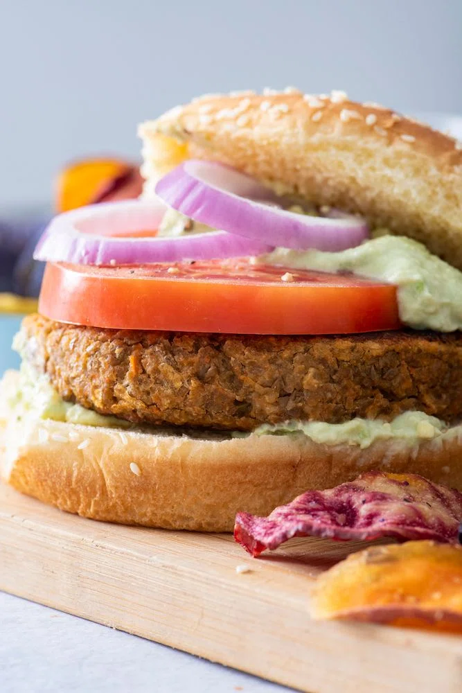 Lentil Chickpea Burgers with Avocado Yogurt Sauce