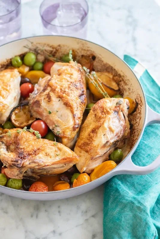 Roast Chicken with Caramelized Lemons, Cherry Tomatoes and Olives