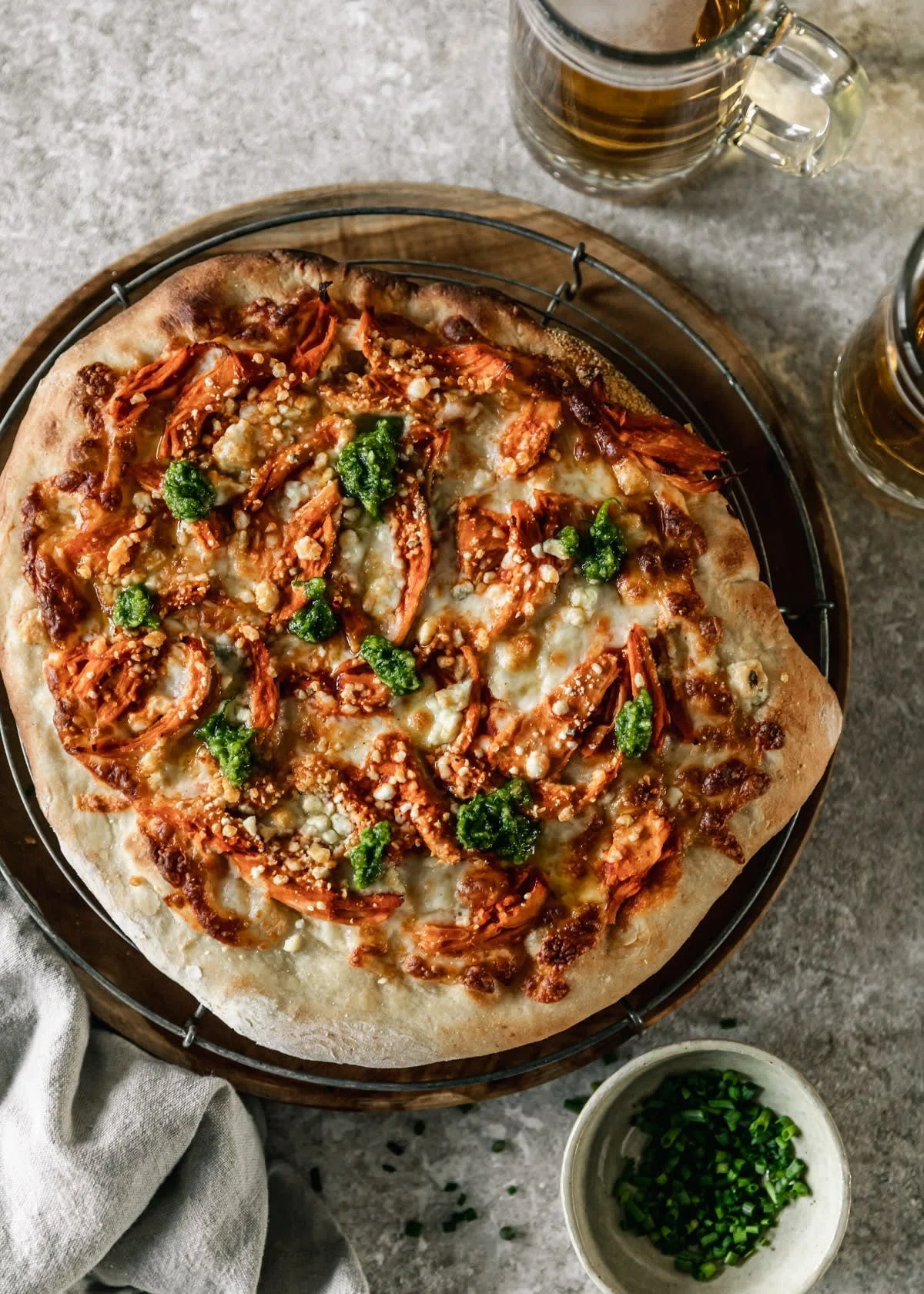 Buffalo Chicken Pizza With Chive Pesto