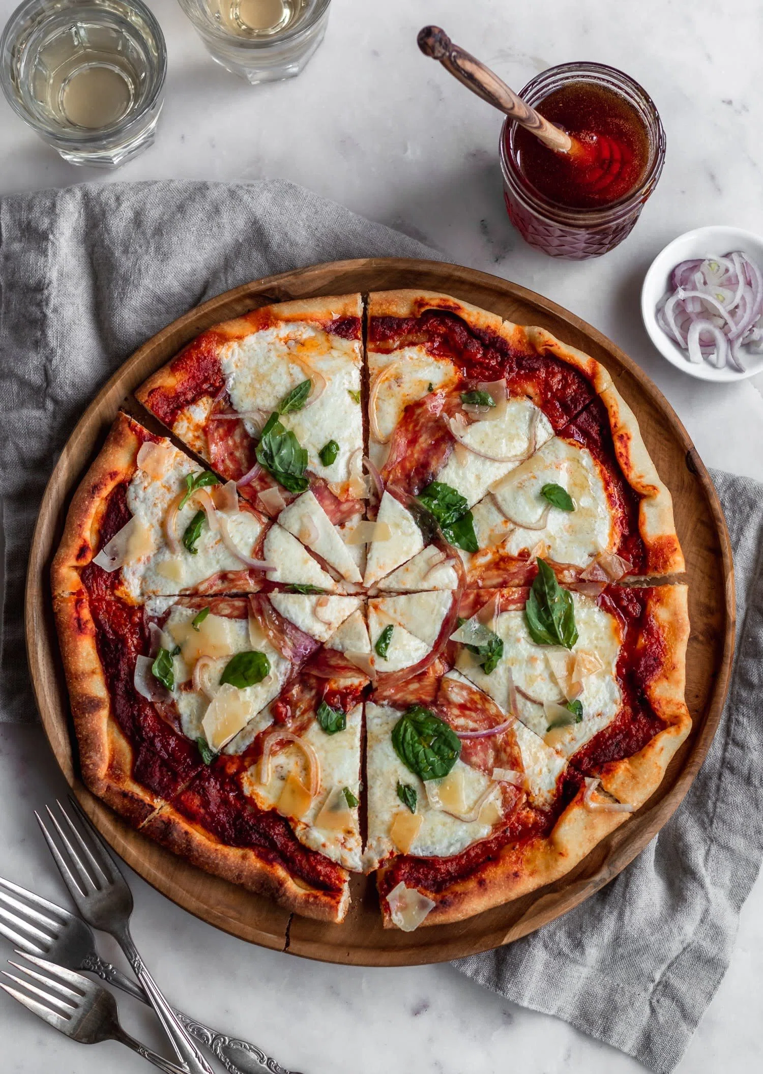 Pizza With Soppressata, Basil, & Hot Honey