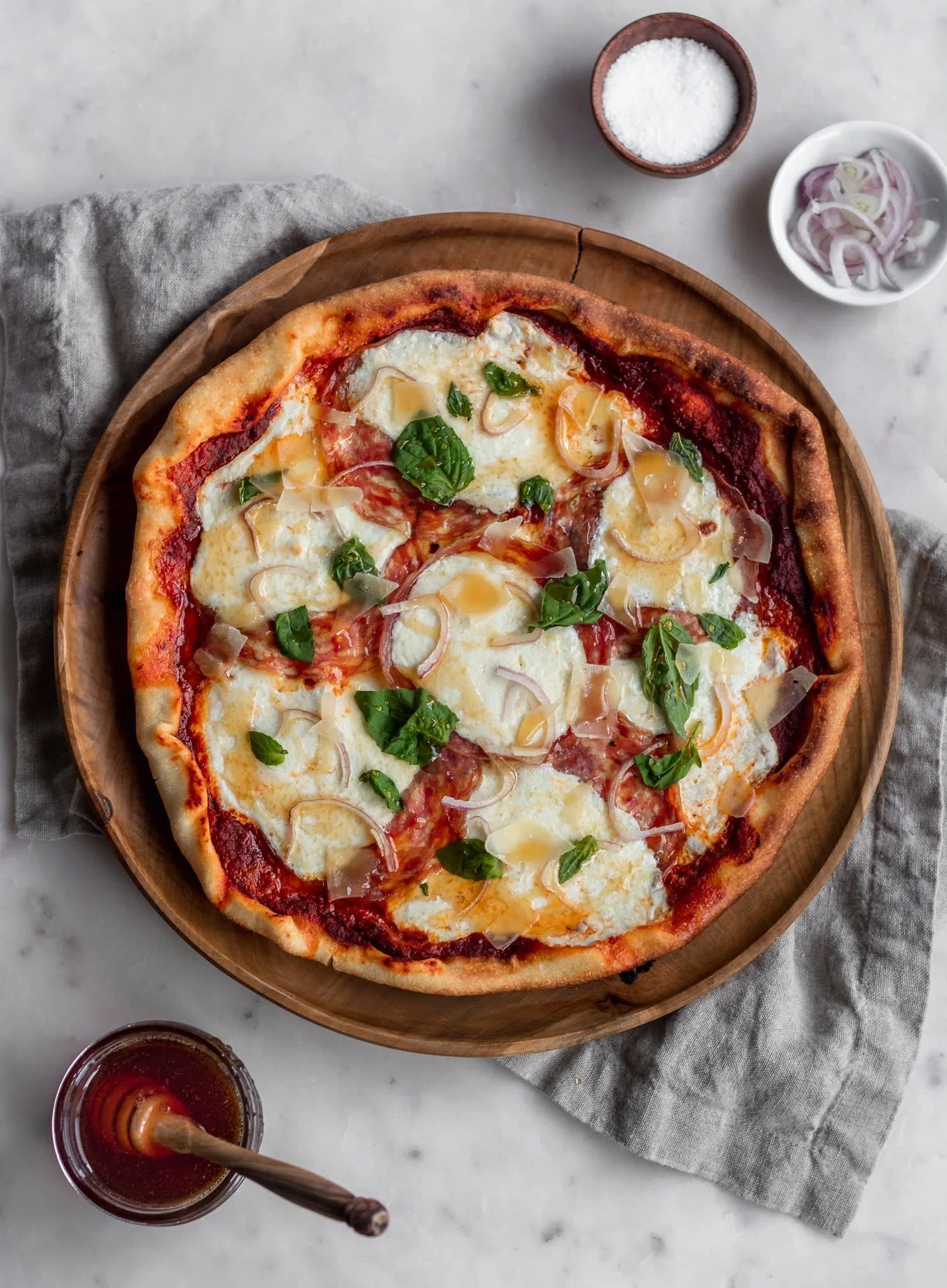 Pizza With Soppressata, Basil, & Hot Honey