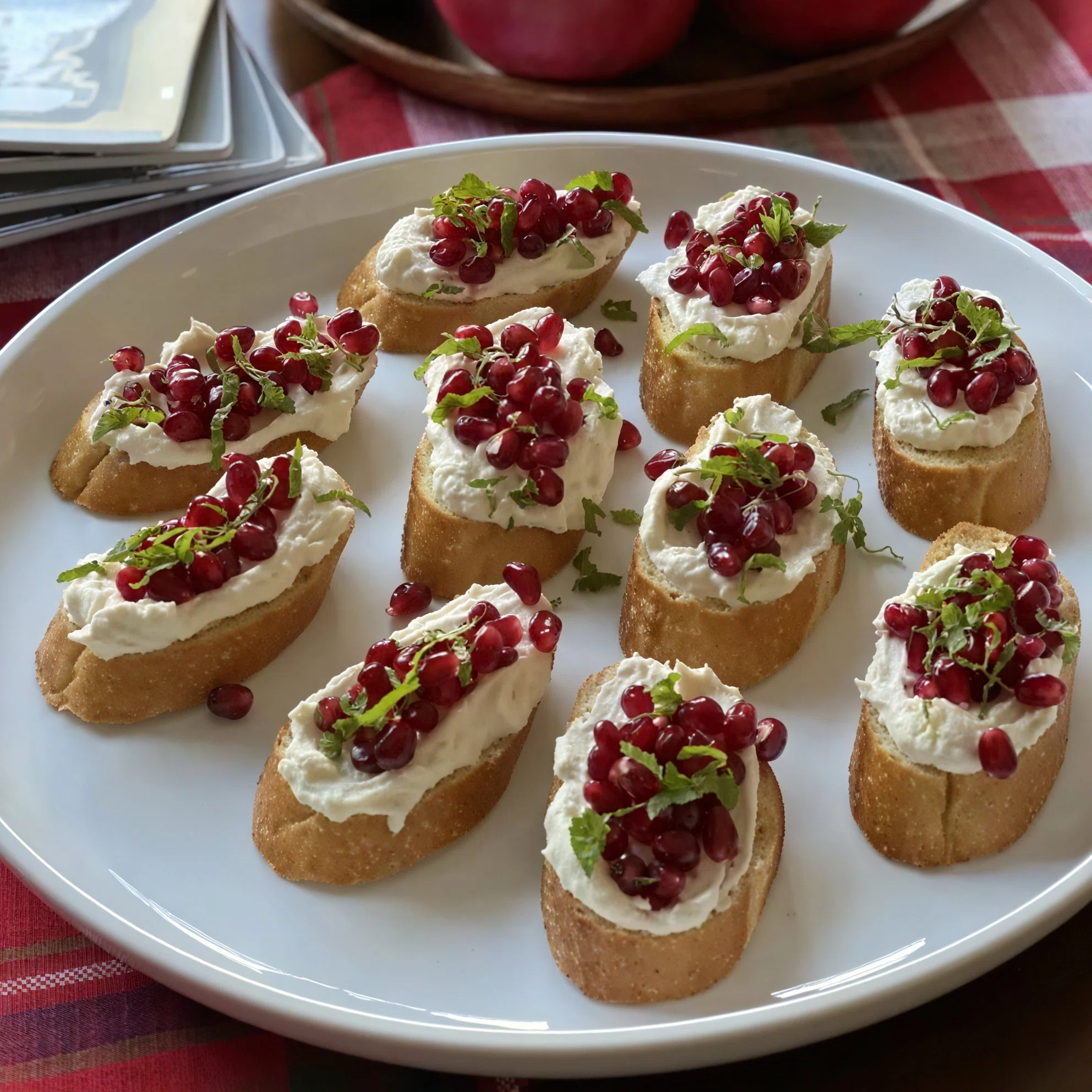 Pom, Mint & Goat Cheese Crostini