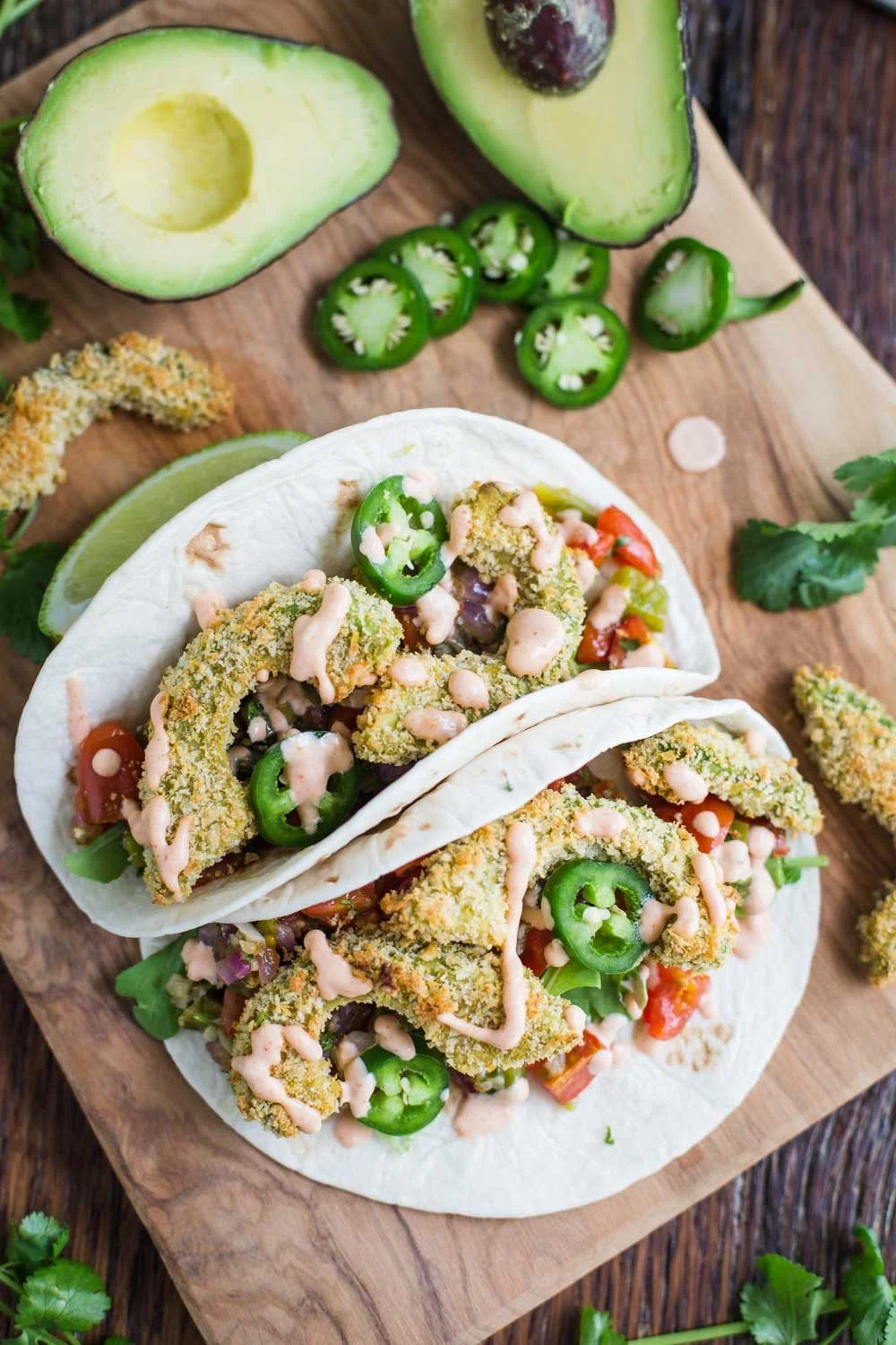 Baked Avocado Tacos w/ Roasted Veggie Salsa