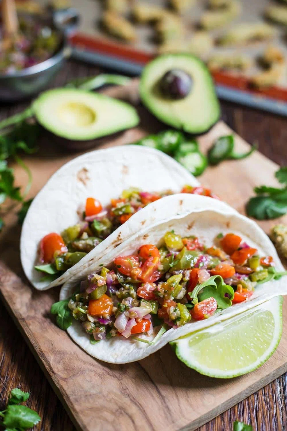 Baked Avocado Tacos w/ Roasted Veggie Salsa