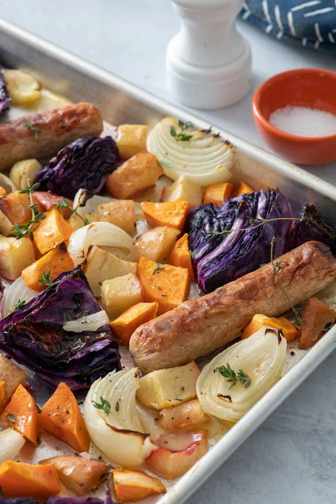 Sheet Pan Sausage with Cabbage and Apples