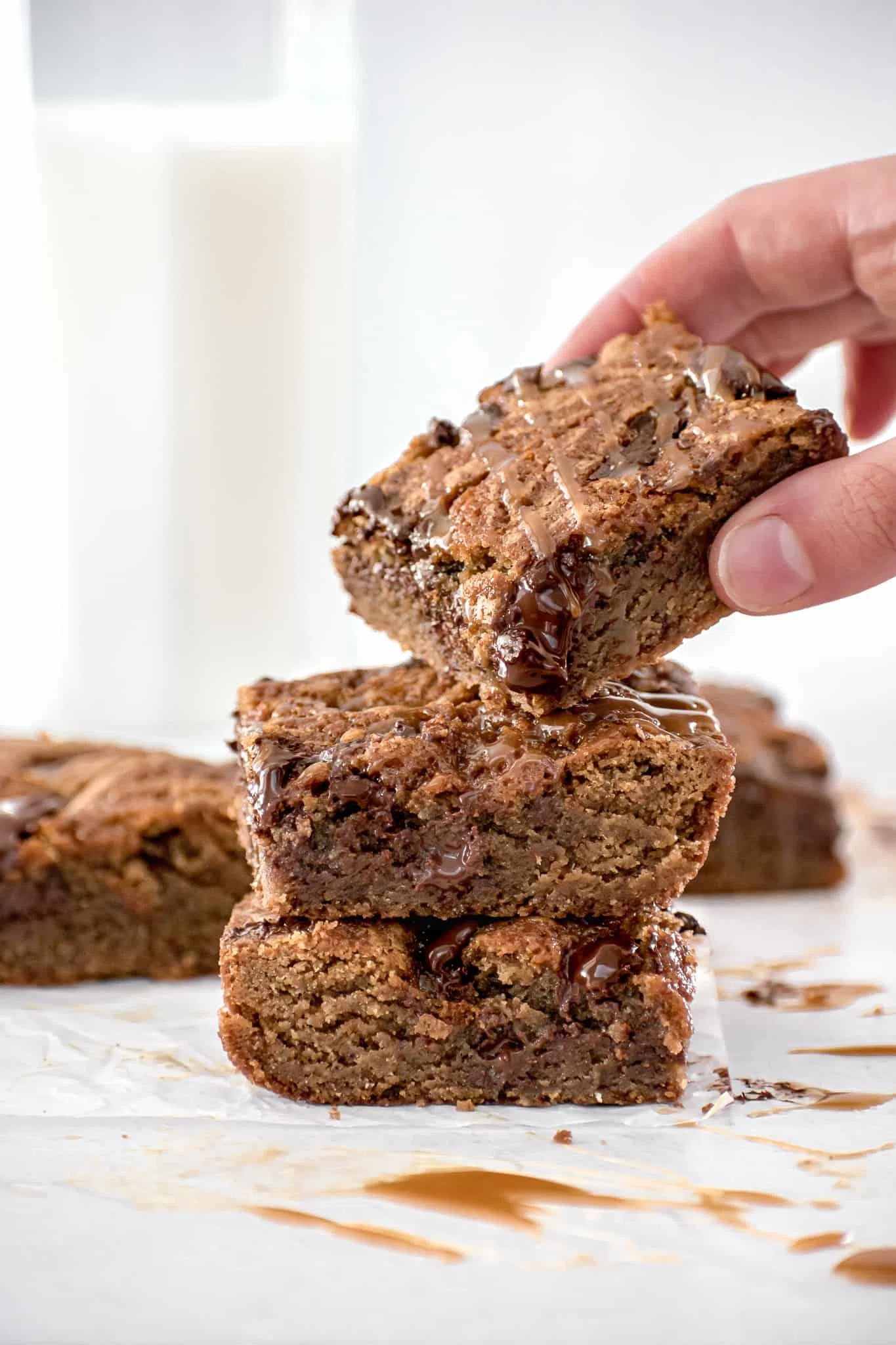 Caramel Swirled Brown Butter Chocolate Chunk Blondies