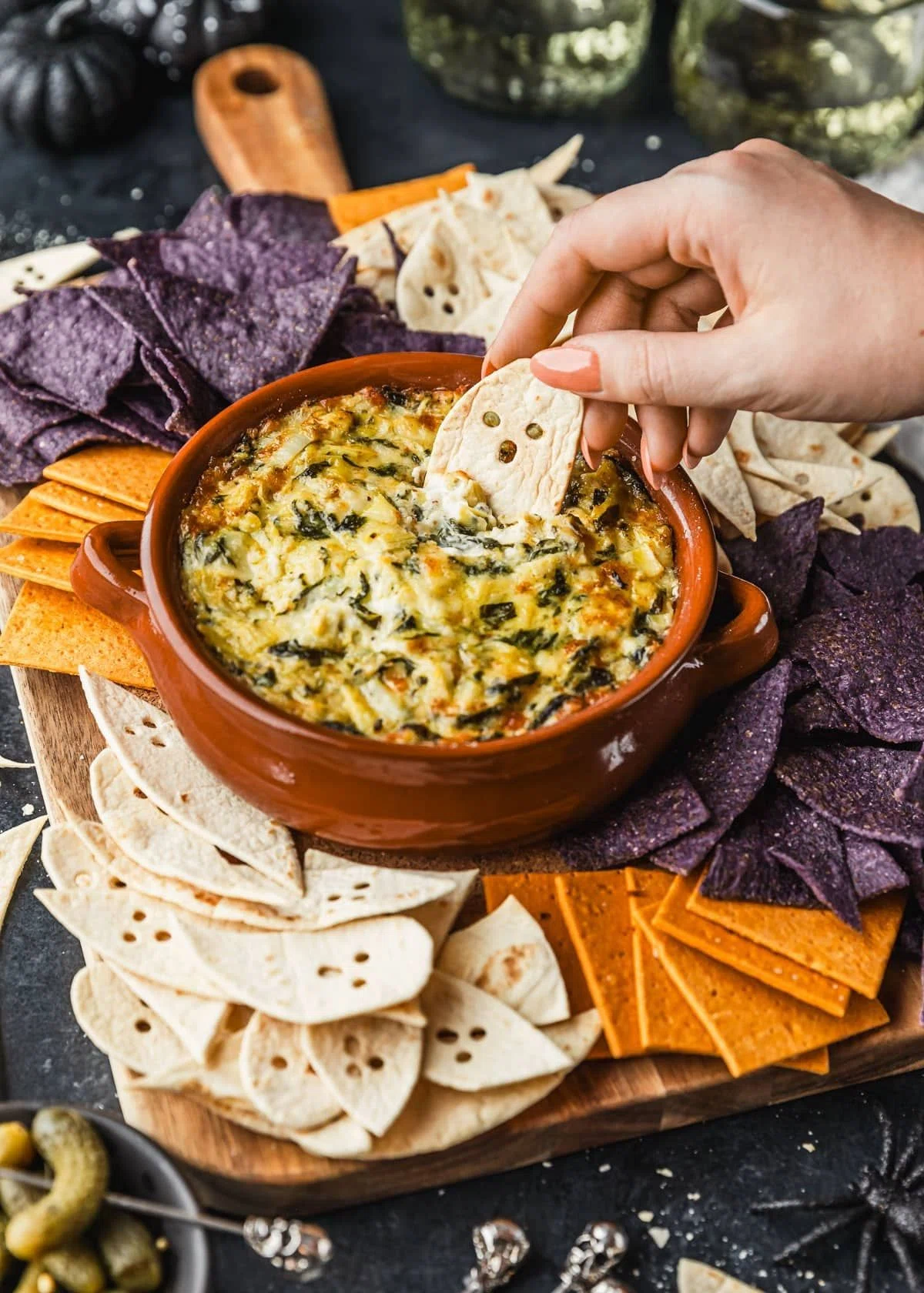 Spooky Halloween Chips & Artichoke Dip