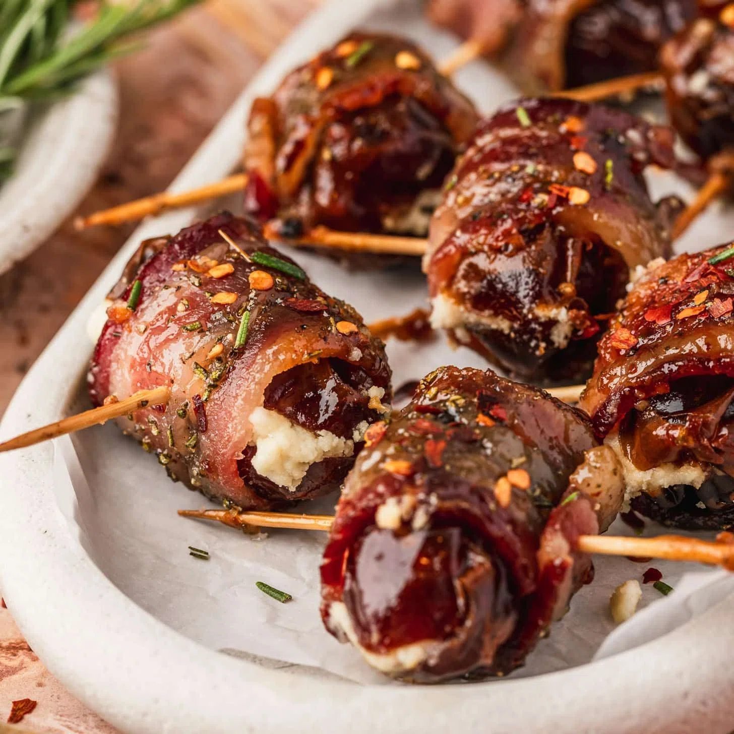 Maple Glazed Bacon Wrapped Dates with Goat Cheese