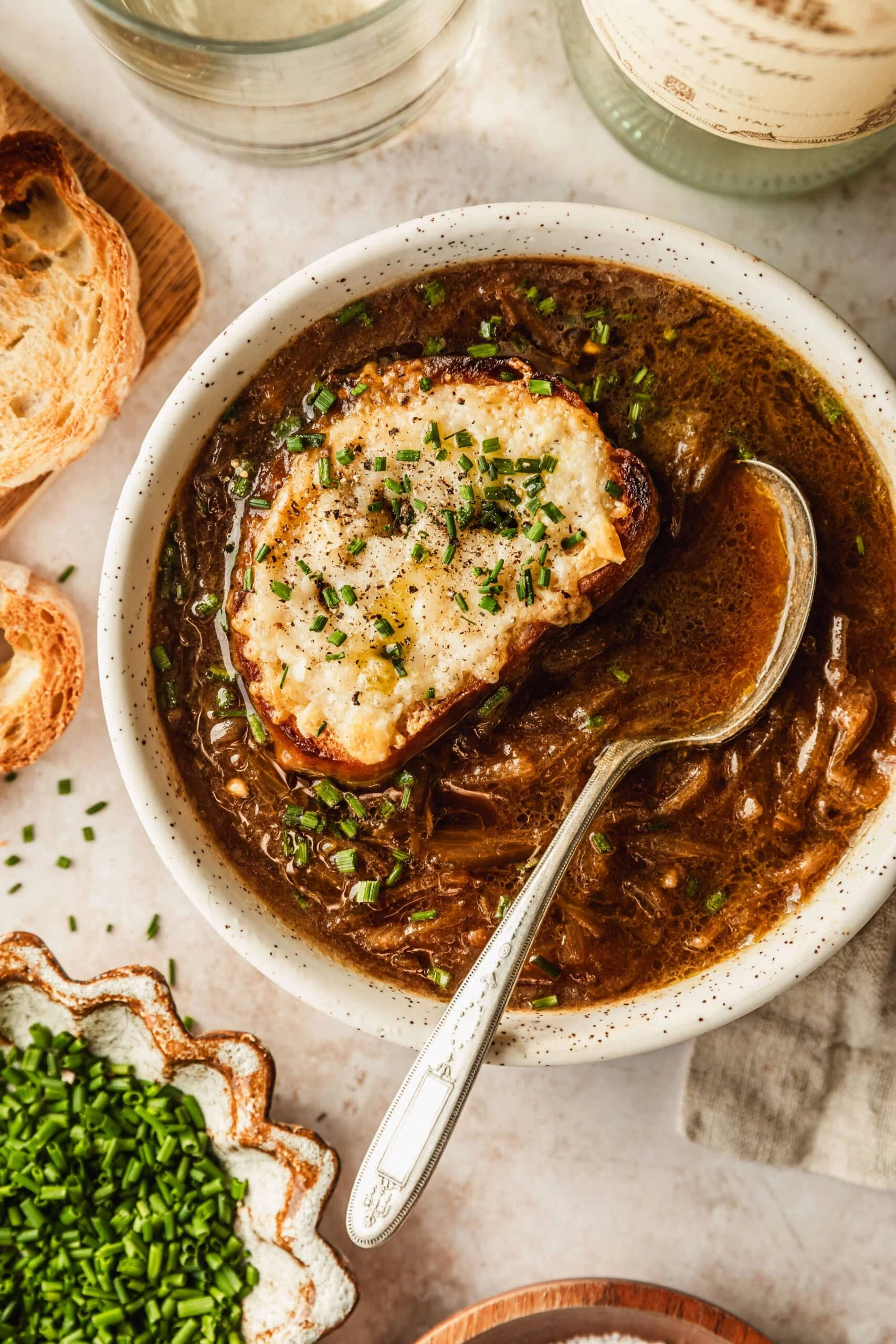 French Shallot Soup with Gruyère Croutons