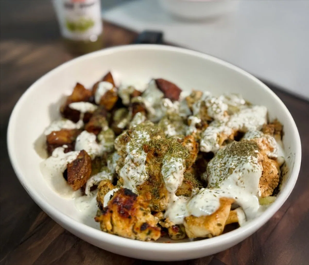 Lemon Herb Chicken with Creamy Garlic Dill Sauce & Roasted Potatoes