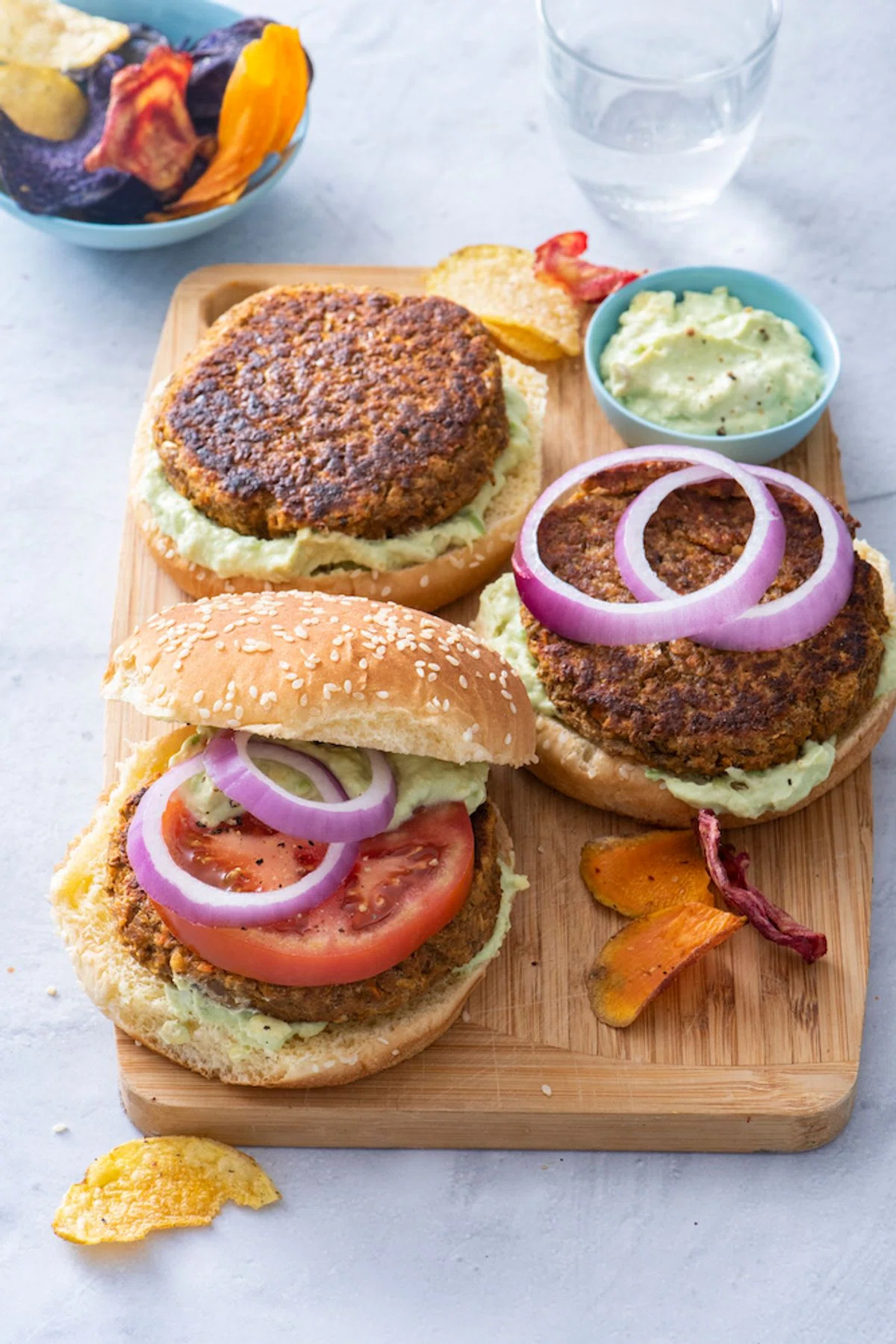 Lentil Chickpea Burgers with Avocado Yogurt Sauce