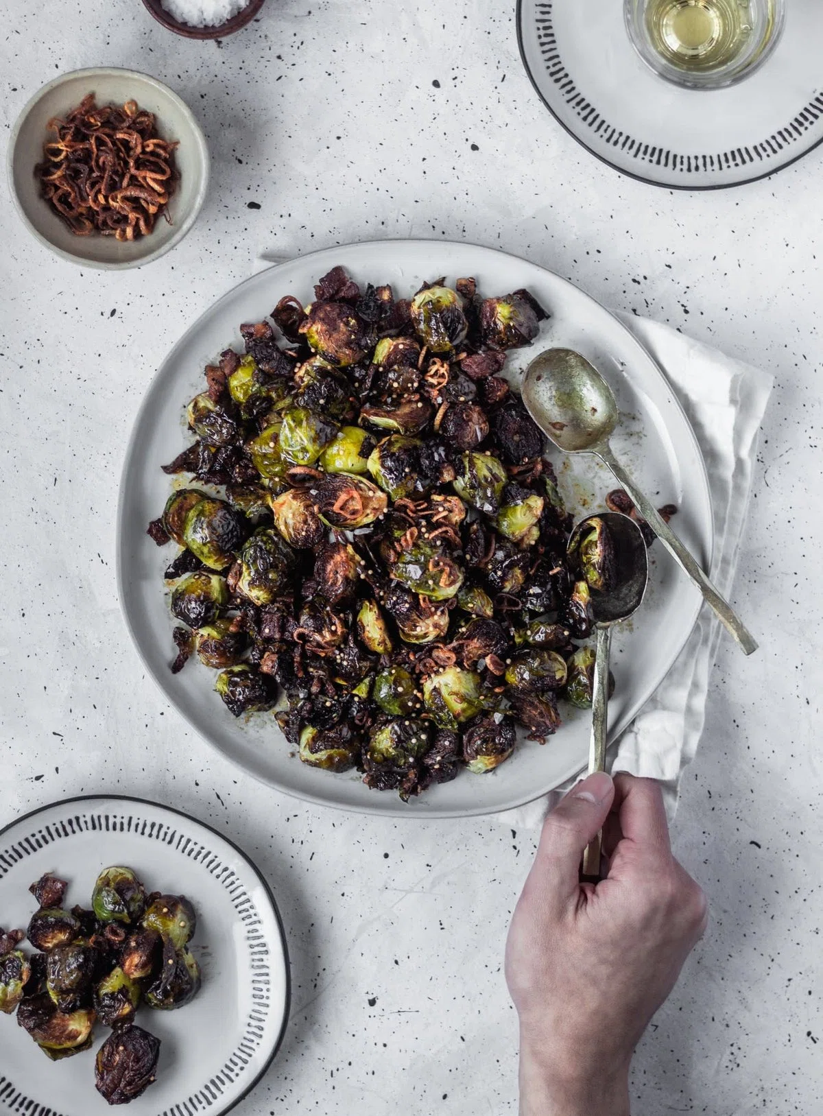 Crispy Brussels Sprouts With Fried Shallots, Bacon, & Dijon Vinaigrette