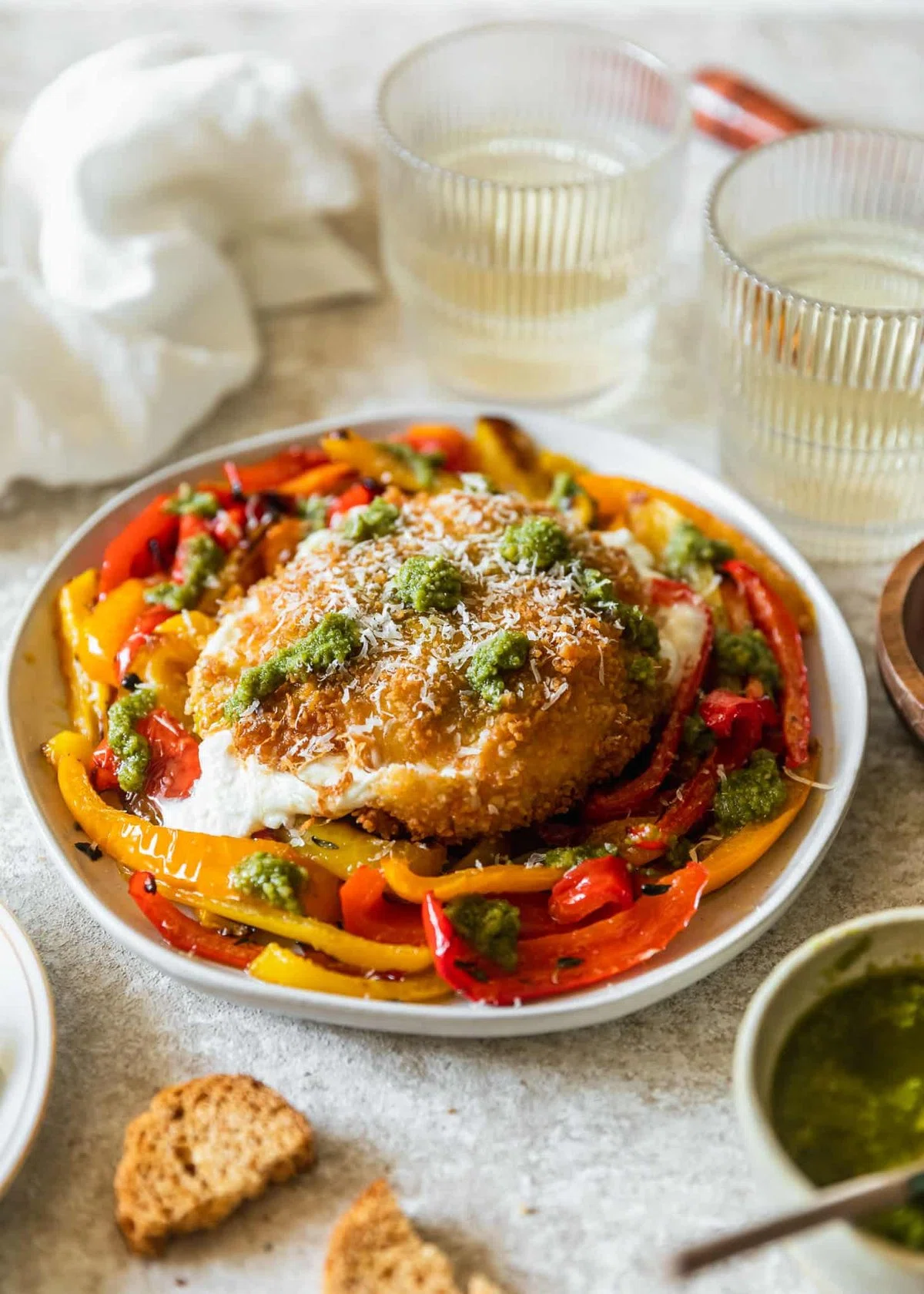 Fried Burrata With Roasted Peppers & Pesto