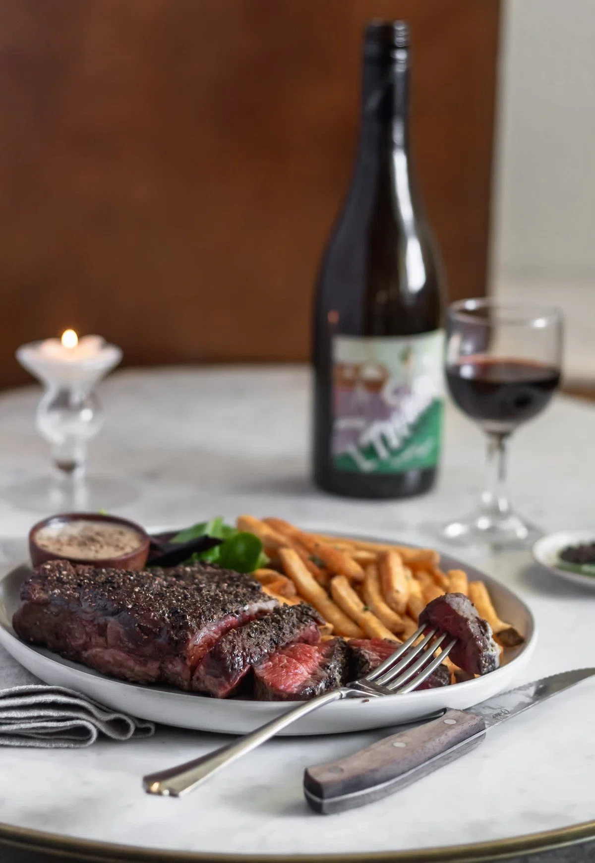 Reverse Seared Chuck Steak + Brandy Peppercorn Sauce