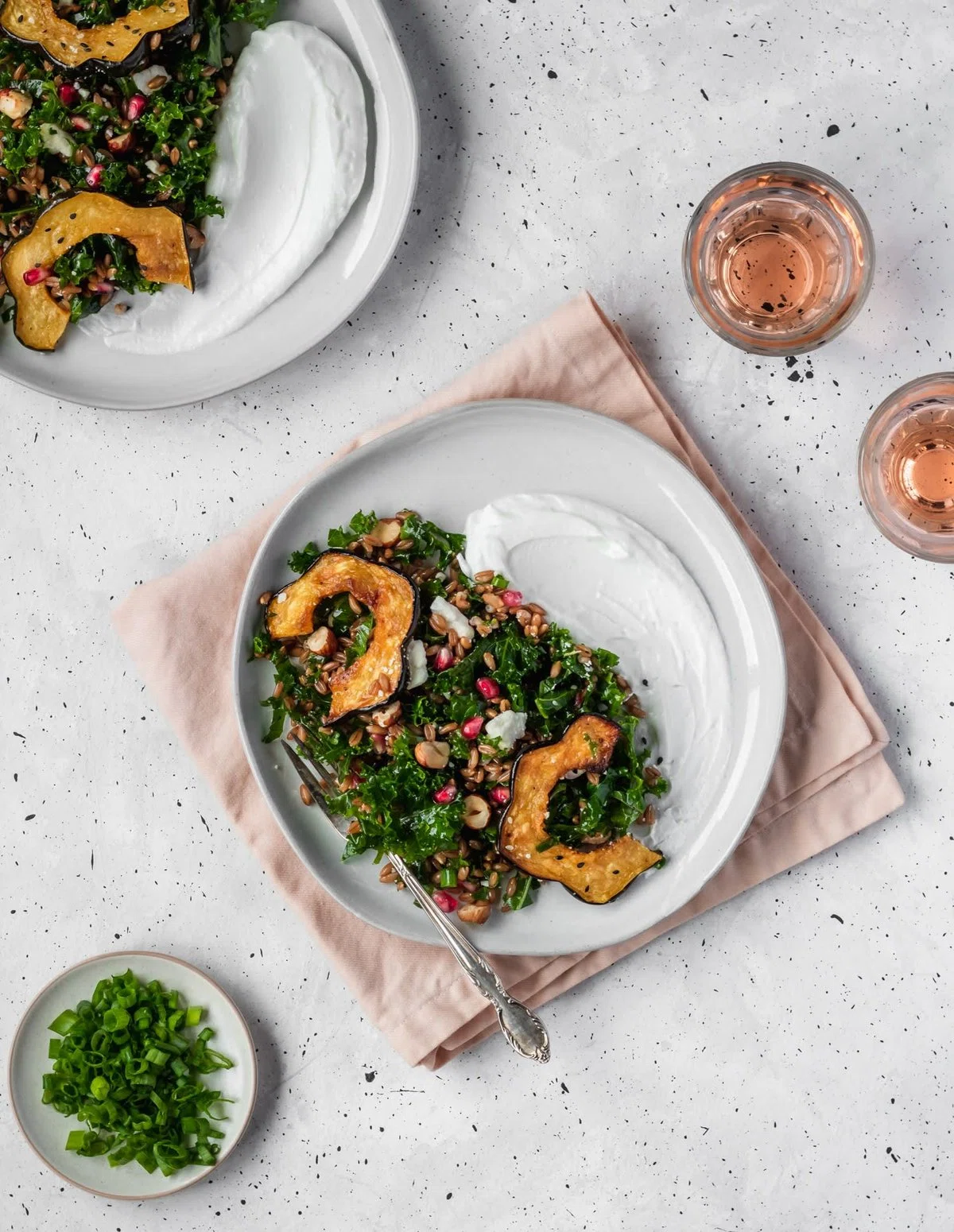 Farro Salad With Acorn Squash, Kale, + Pomegranate
