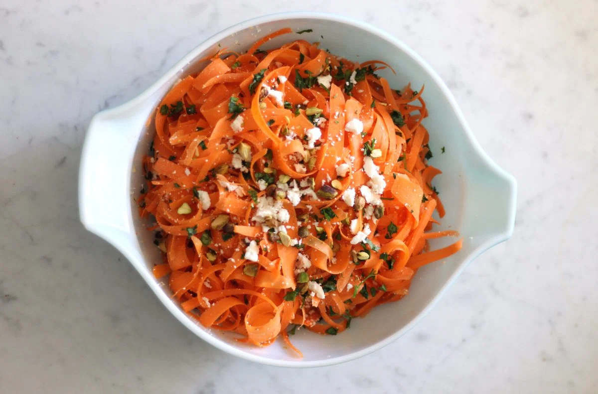 Carrot Salad With Pistachios + Queso Fresco + Shallot Dressing