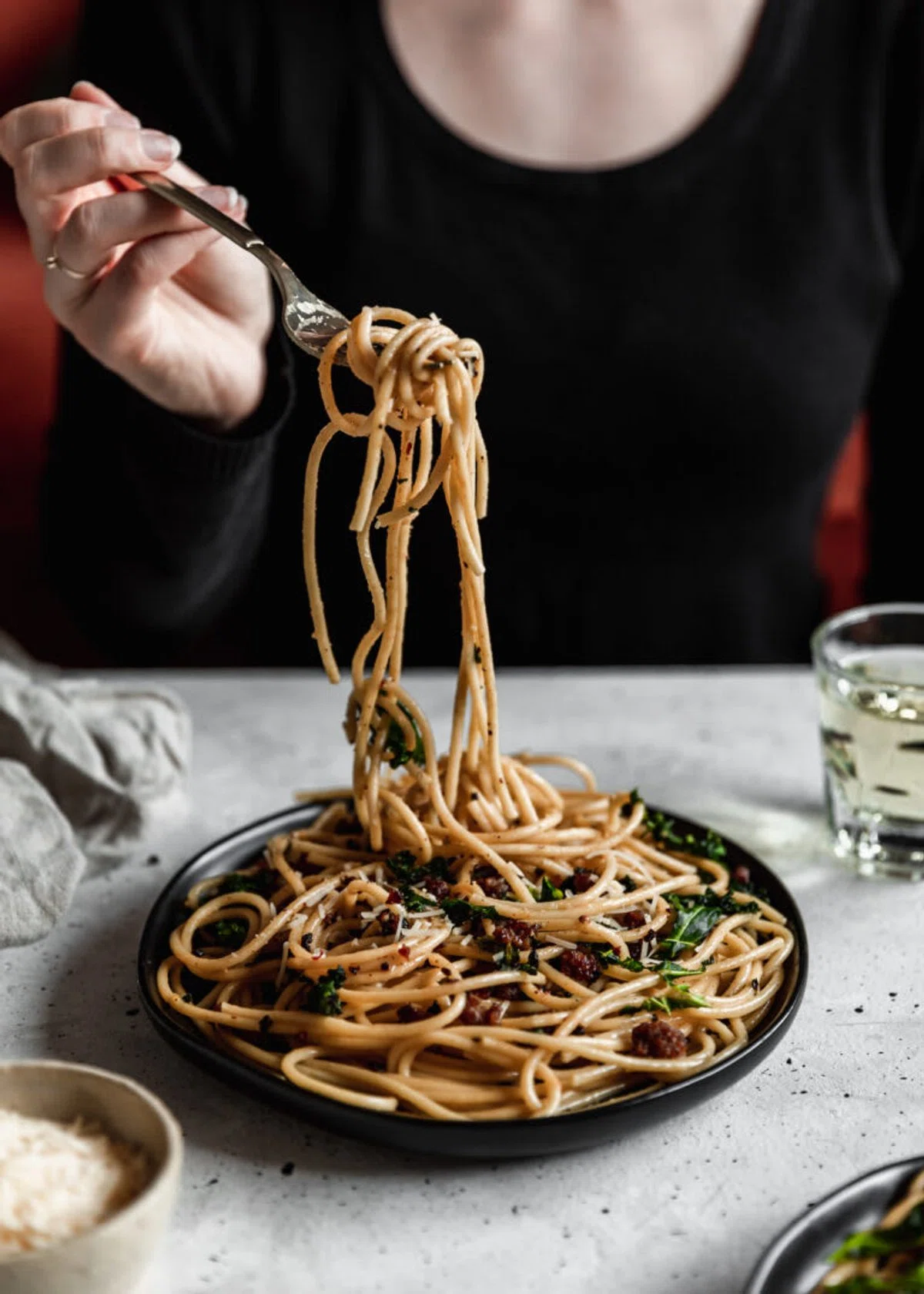 Bucatini Carbonara With Sausage & Greens