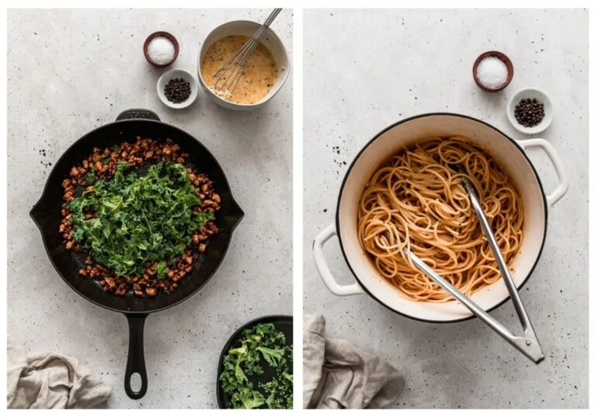 Bucatini Carbonara With Sausage & Greens