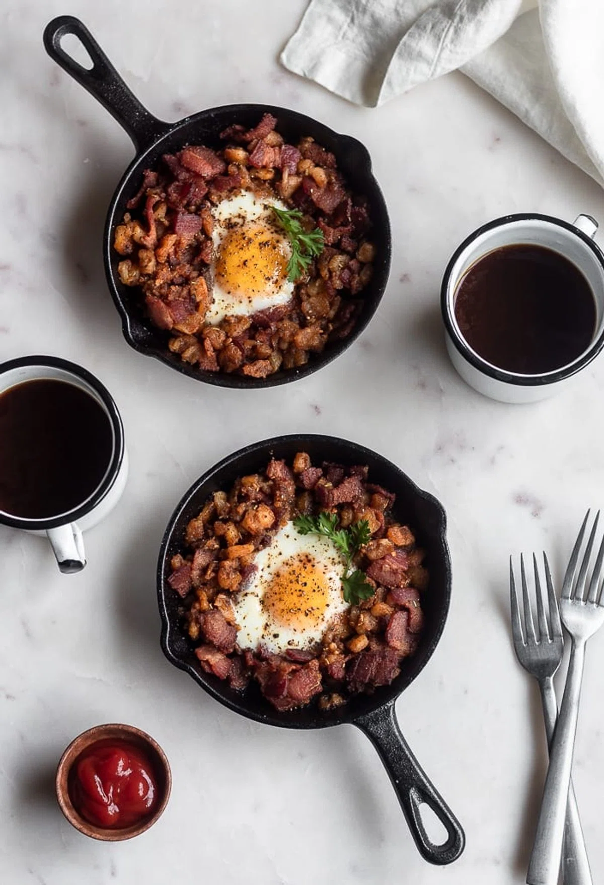 Bacon Hash Skillet With Runny Eggs & Harissa