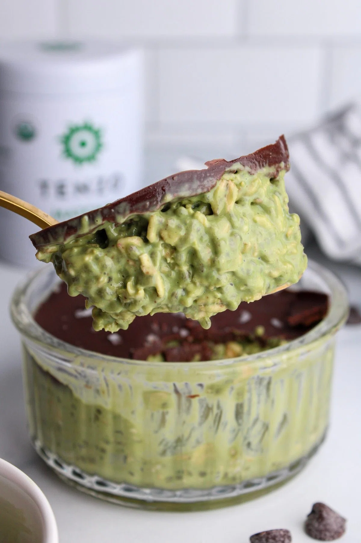 Matcha Overnight Oats with Chocolate Shell