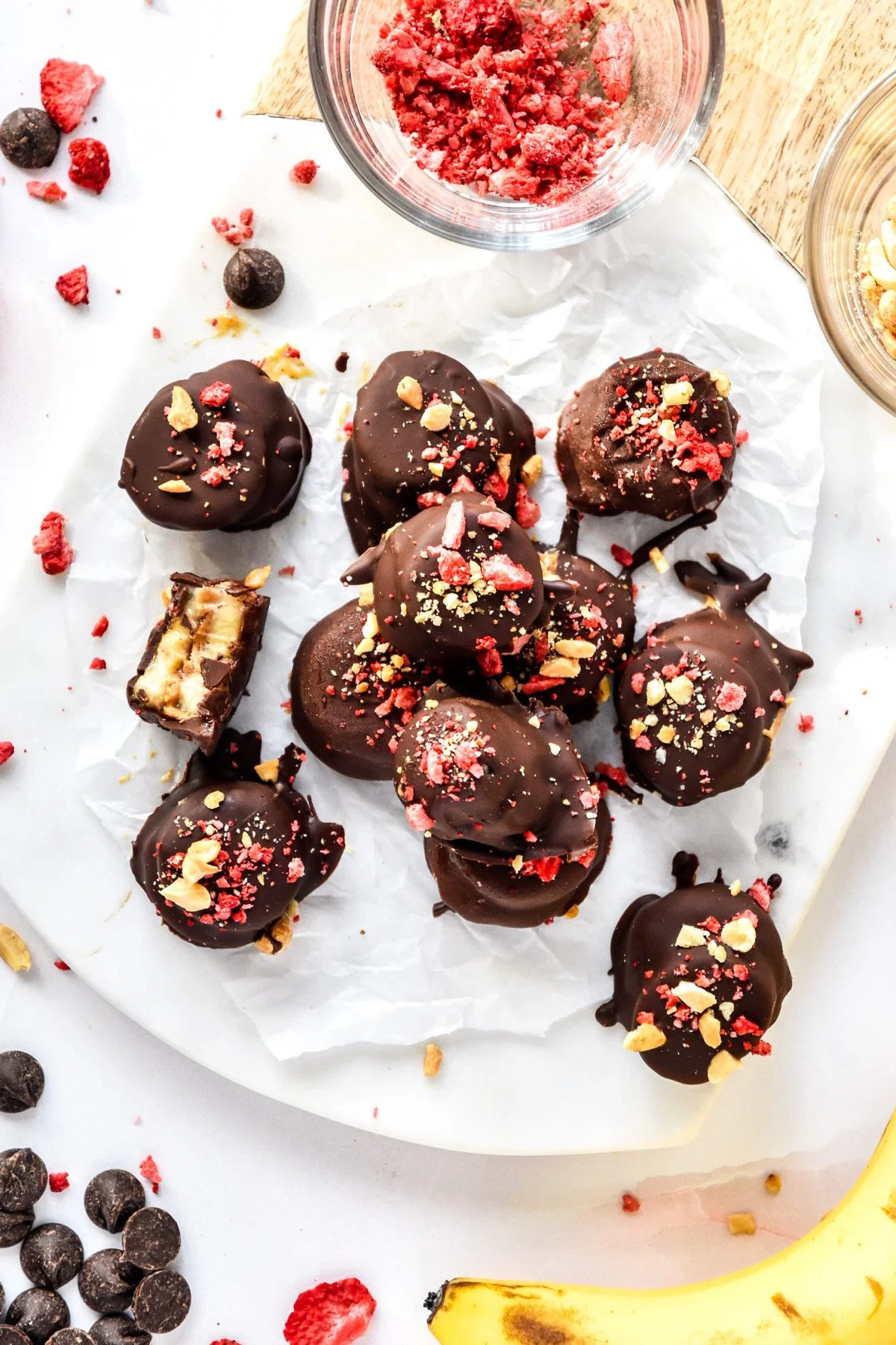 Chocolate Covered PB&J Banana Bites