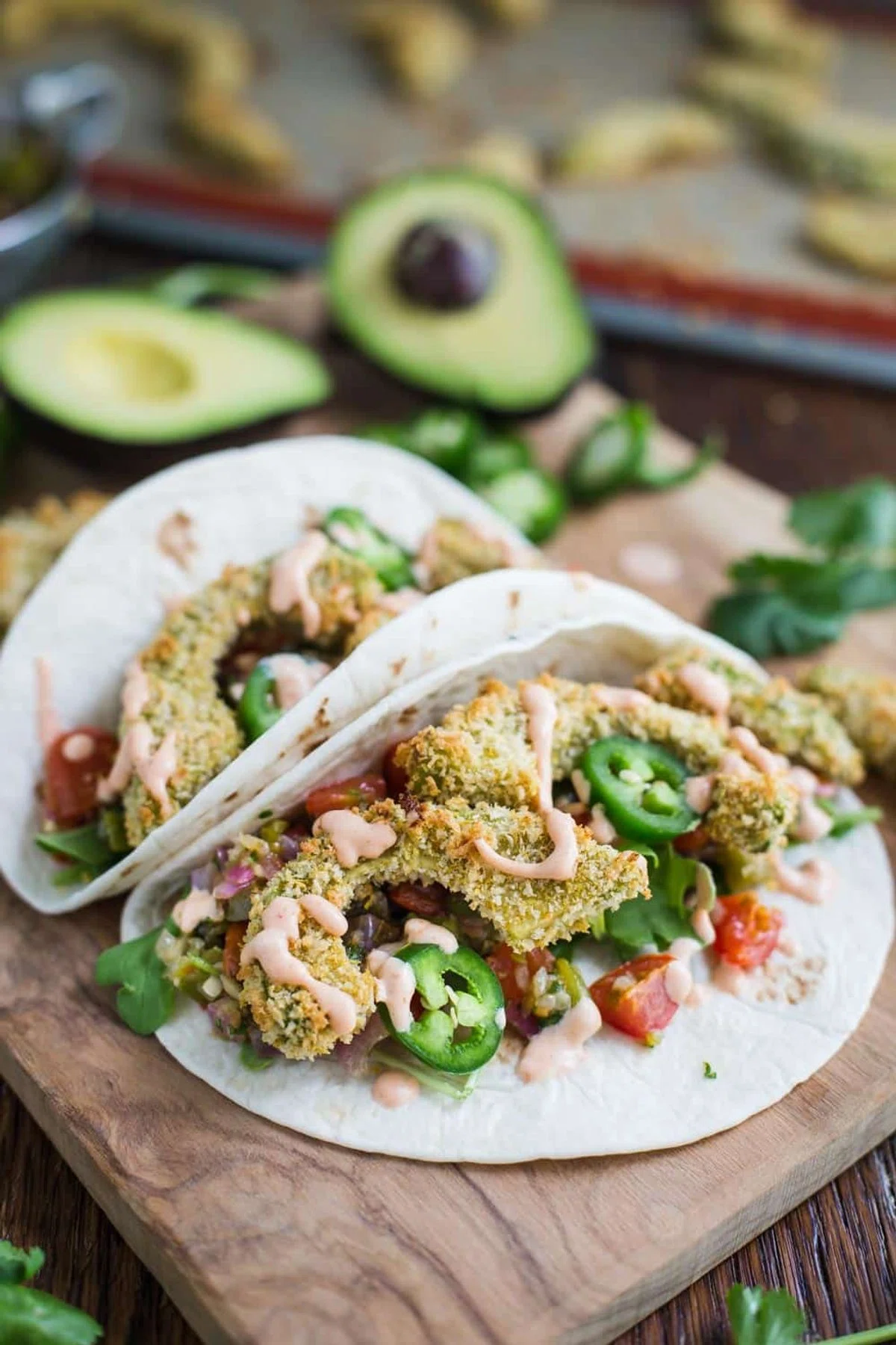 Baked Avocado Tacos w/ Roasted Veggie Salsa