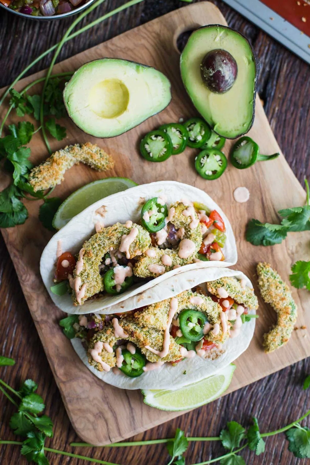 Baked Avocado Tacos w/ Roasted Veggie Salsa