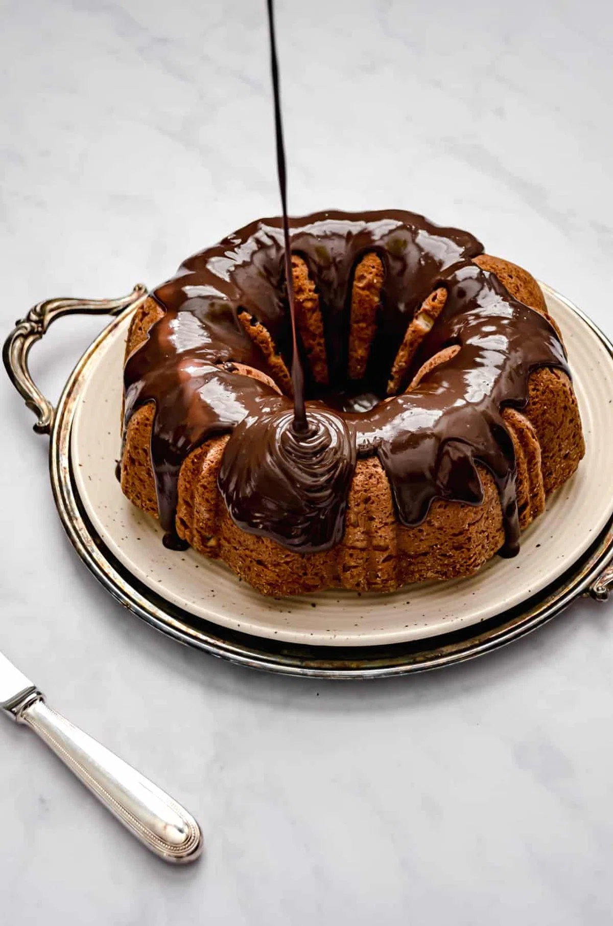 Roasted Banana Bundt Cake with Chocolate Glaze