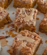 Pumpkin Pecan Coffee Cake with Brown Butter Streusel and Maple Icing