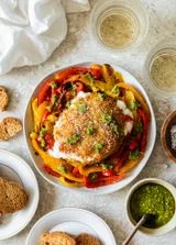 Fried Burrata With Roasted Peppers & Pesto