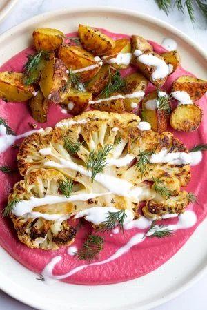 Cauliflower Steaks with Beet Bean Puree