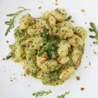 Gnocchi with Pesto Cream Sauce & Asparagus