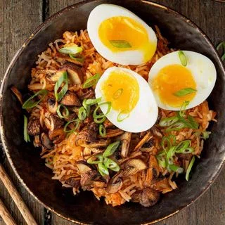Kimchi Rice Bowl with Crispy Mushrooms