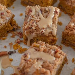 Pumpkin Pecan Coffee Cake with Brown Butter Streusel and Maple Icing