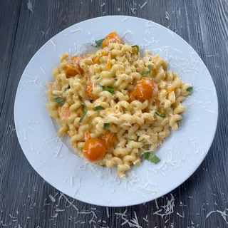 Sungold Tomato Pasta with Roasted Garlic & Burrata