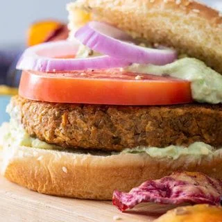 Lentil Chickpea Burgers with Avocado Yogurt Sauce