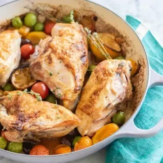 Roast Chicken with Caramelized Lemons, Cherry Tomatoes and Olives