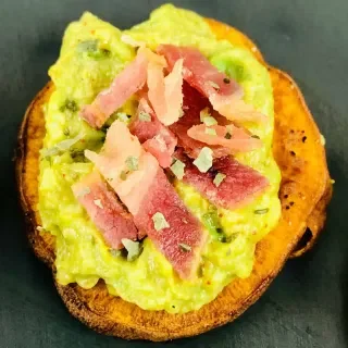 Sweet Potato Appetizer with Bacon and Avocado