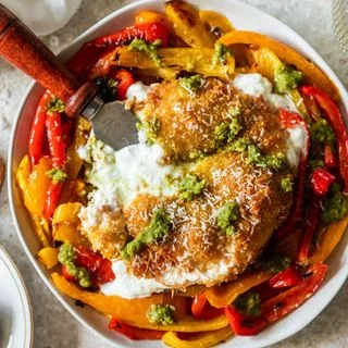 Fried Burrata With Roasted Peppers & Pesto