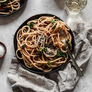 Bucatini Carbonara With Sausage & Greens