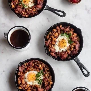 Bacon Hash Skillet With Runny Eggs & Harissa