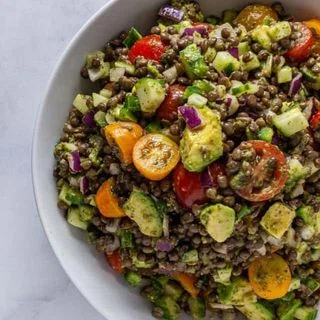 Lentil Salad with Avocado, Cherry Tomato, and Lime Cilantro Vinaigrette
