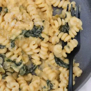 Pasta with Butternut Squash Sauce, Gruyere, and Greens