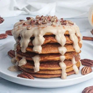 Pumpkin Protein Pancakes with Maple Cream Cheese Glaze (Vegan)