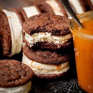 Chocolate Gochujang Caramel Cookie Ice Cream Sandwiches