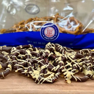 Chocolate-Covered Pretzels with Peanut Butter Drizzle