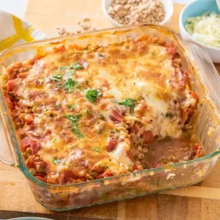 Baked Farro with Lentils, Tomato and Mozzarella