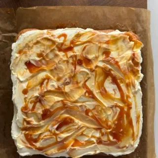 Cinnamon Roll Banana Bread Cake with Caramel Sauce