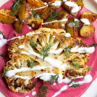Cauliflower Steaks with Beet Bean Puree